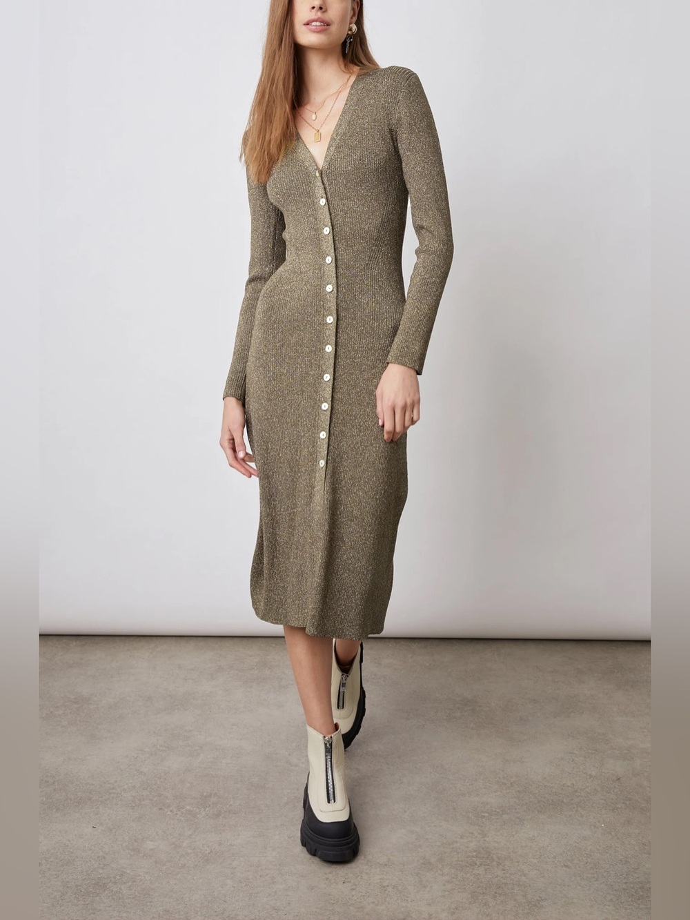 NWT Rails Lorraine Gold Lurex Metallic Knit Midi Dress Shimmer Button Front S